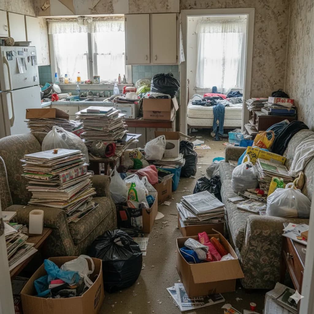 Équipe LeBonTri vidant un salon encombré et triant les objets volumineux